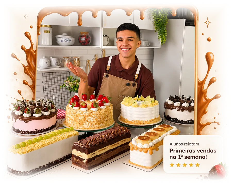 Lúcio Silva, o Menino do Bolo, sorrindo em uma cozinha emoldurada por calda dourada escorrendo, cercado por bolos em fatia decorados e um selo dizendo 'Alunos relatam: primeiras vendas na 1ª semana'