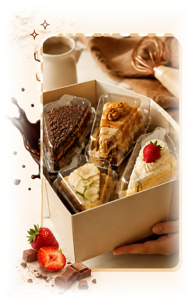 Fatias de bolo prontas, embaladas individualmente em caixa para entrega, com morangos e chocolate ao lado